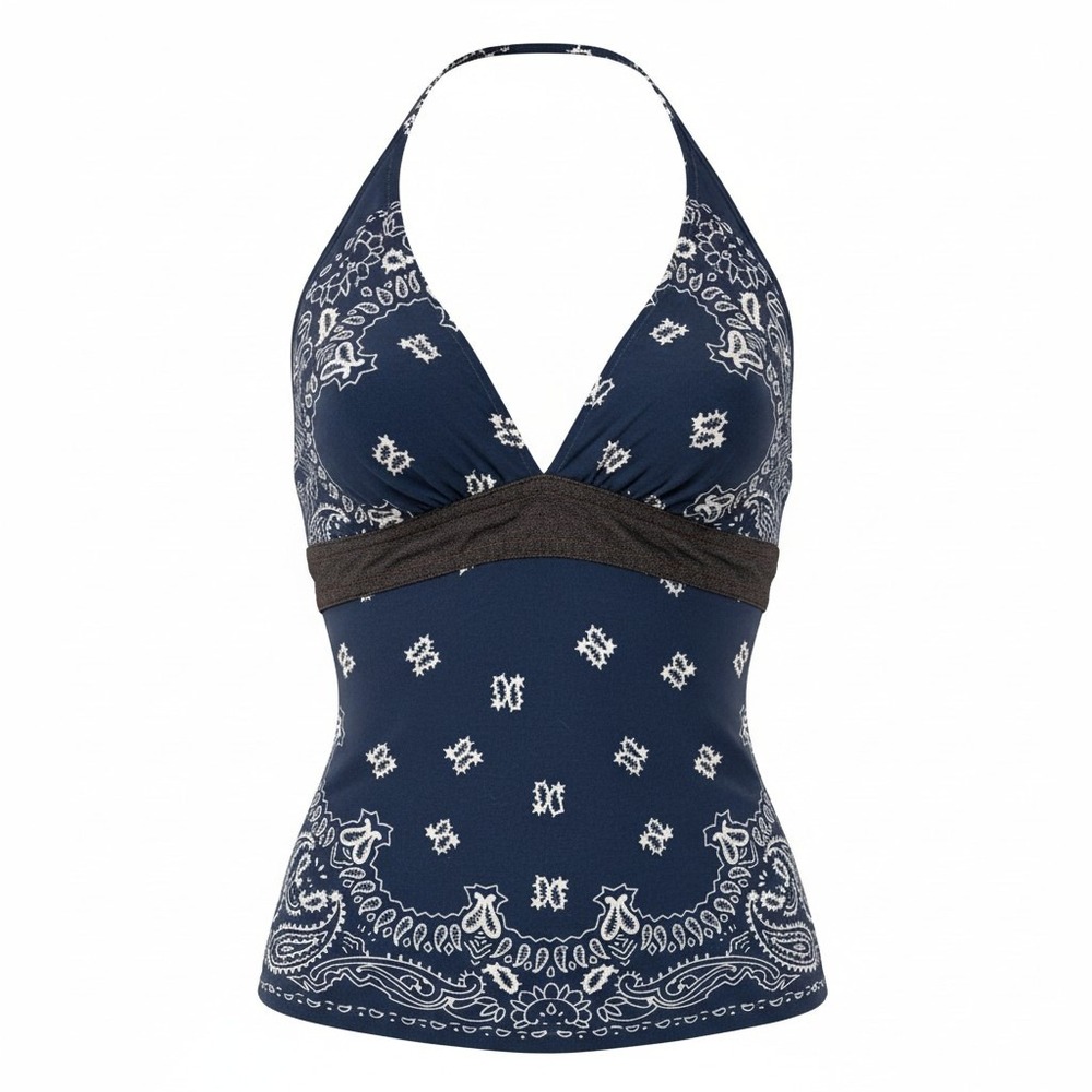 Fashion Web Halter Top Medium Navy Blue Womens Bandana Paisley Denim Trim Y2K